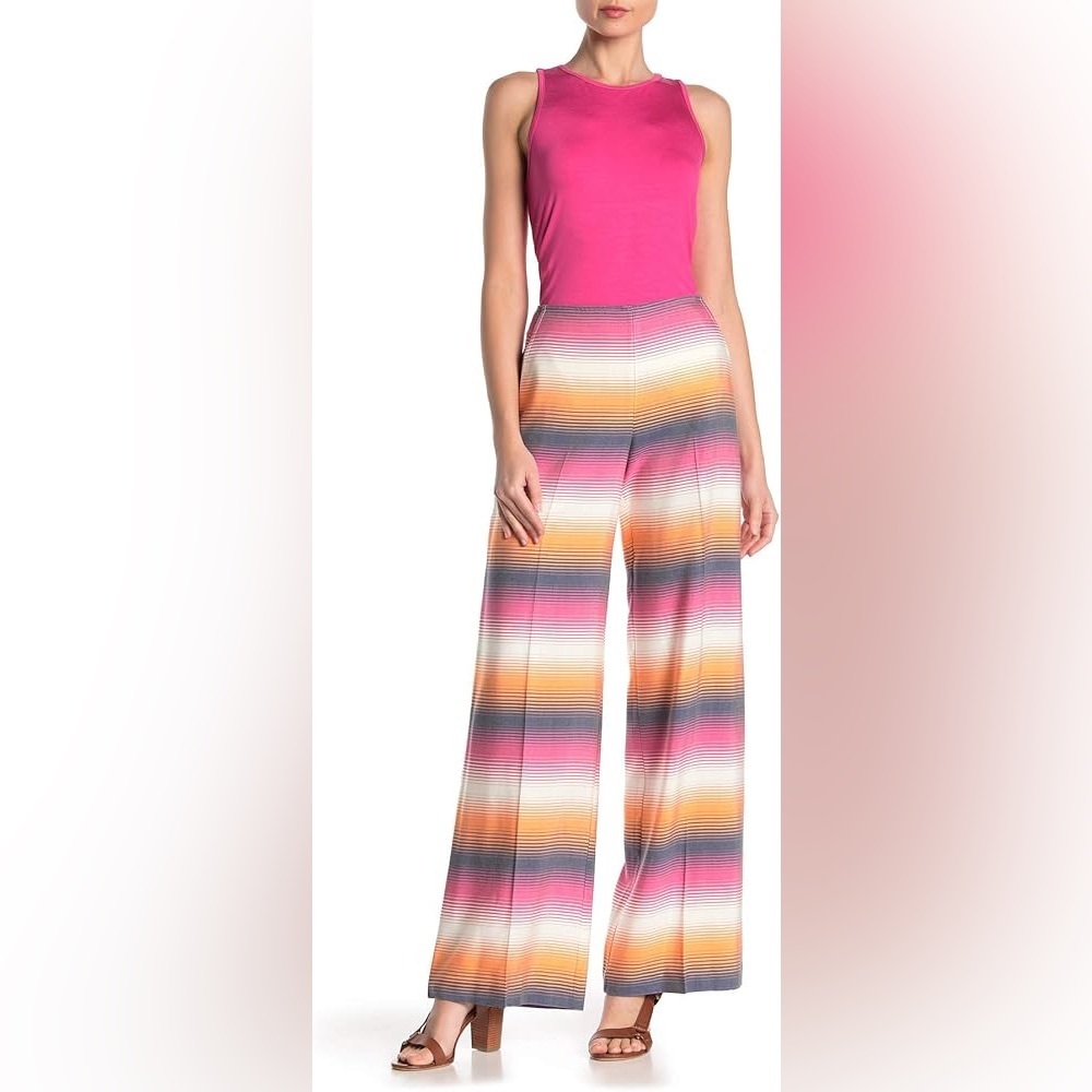Trina Turk Multicolor Horizontal Stripe Wide Leg Trouser Pants Cotton + Acetate